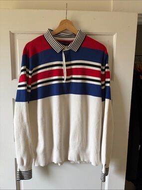 Tommy Hilfiger L Red, Blue & White Striped Polo, EUC